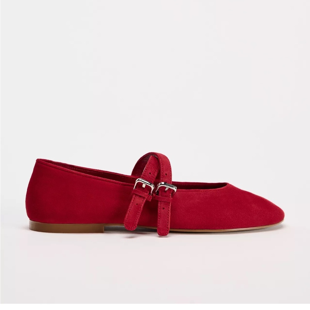 NWT Zara Red Suede Leather Women's Ballet Flats